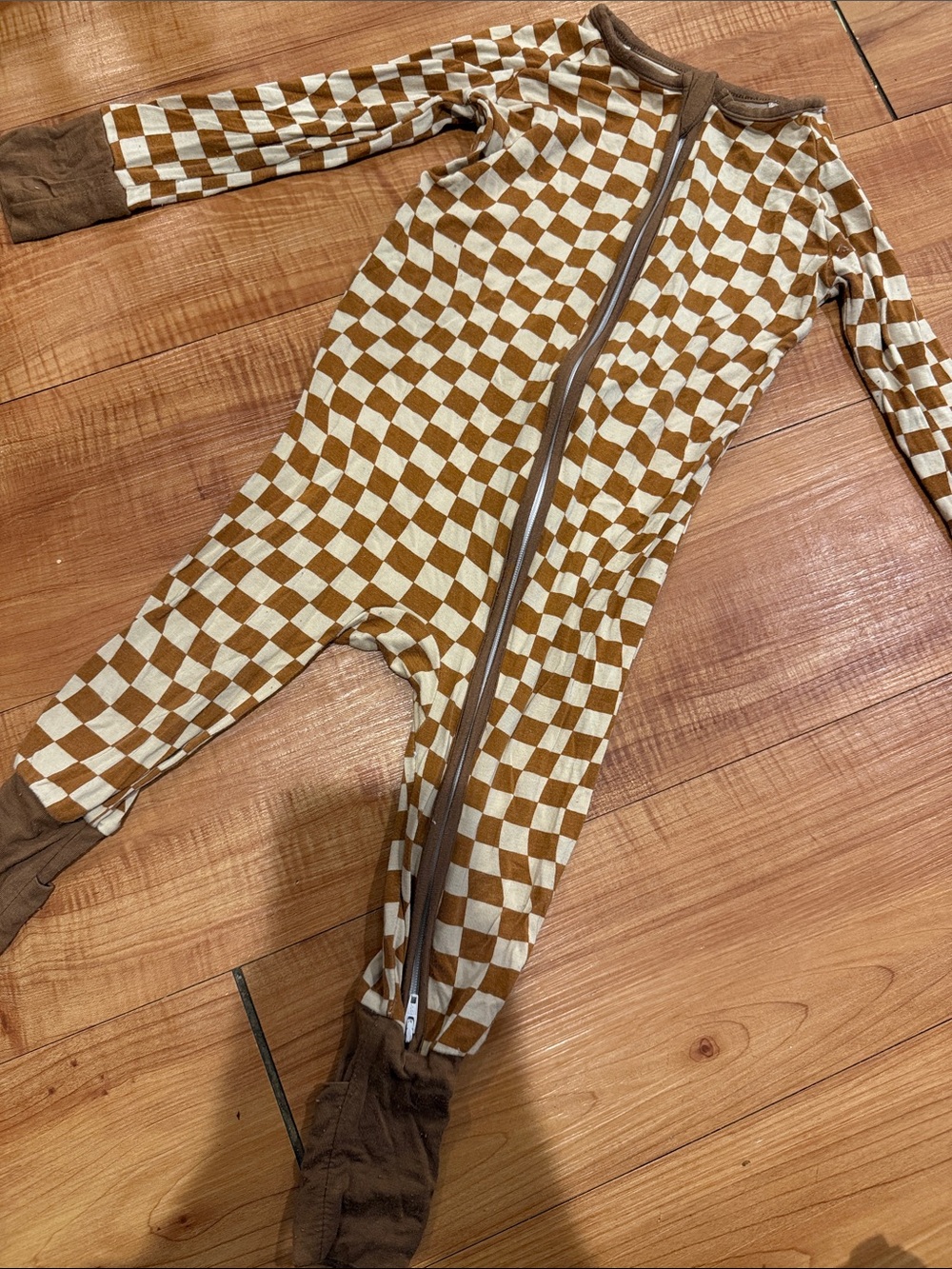 Kids Checkerboard One-Piece Pajamas - Brown & Cream